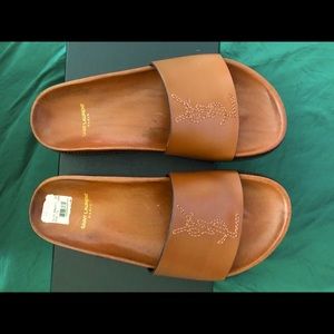YSL Saint Laurent leather monogrammed slides sz 37.5